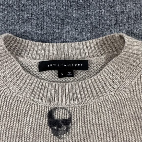Skull Cashmere Sweater Womens Small Intarsia Skull Print Cream Crewneck Knit - Picture 5 of 11